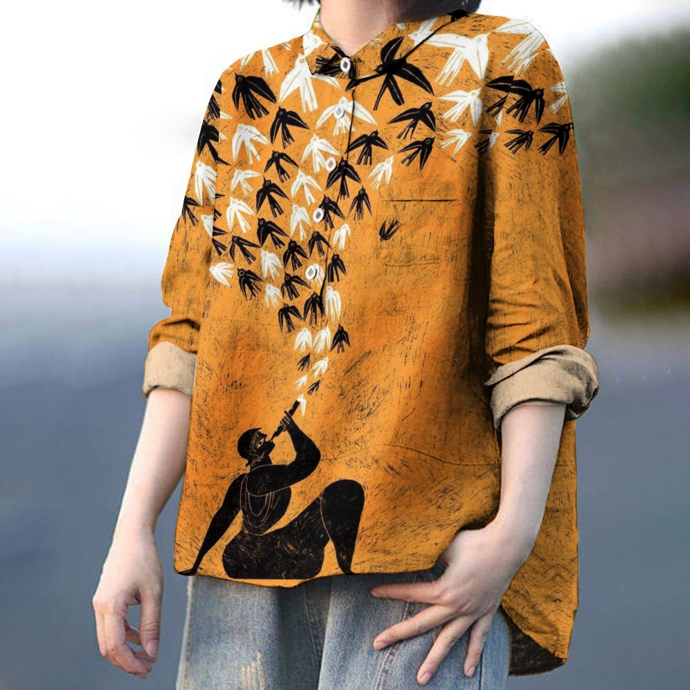 Women's Abstract Art Print Casual Linen Shirt