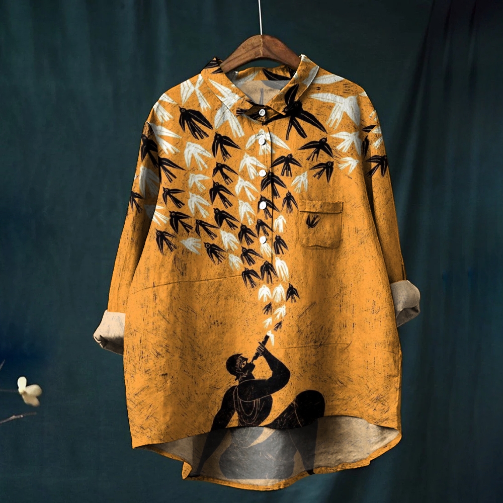 Women's Abstract Art Print Casual Linen Shirt