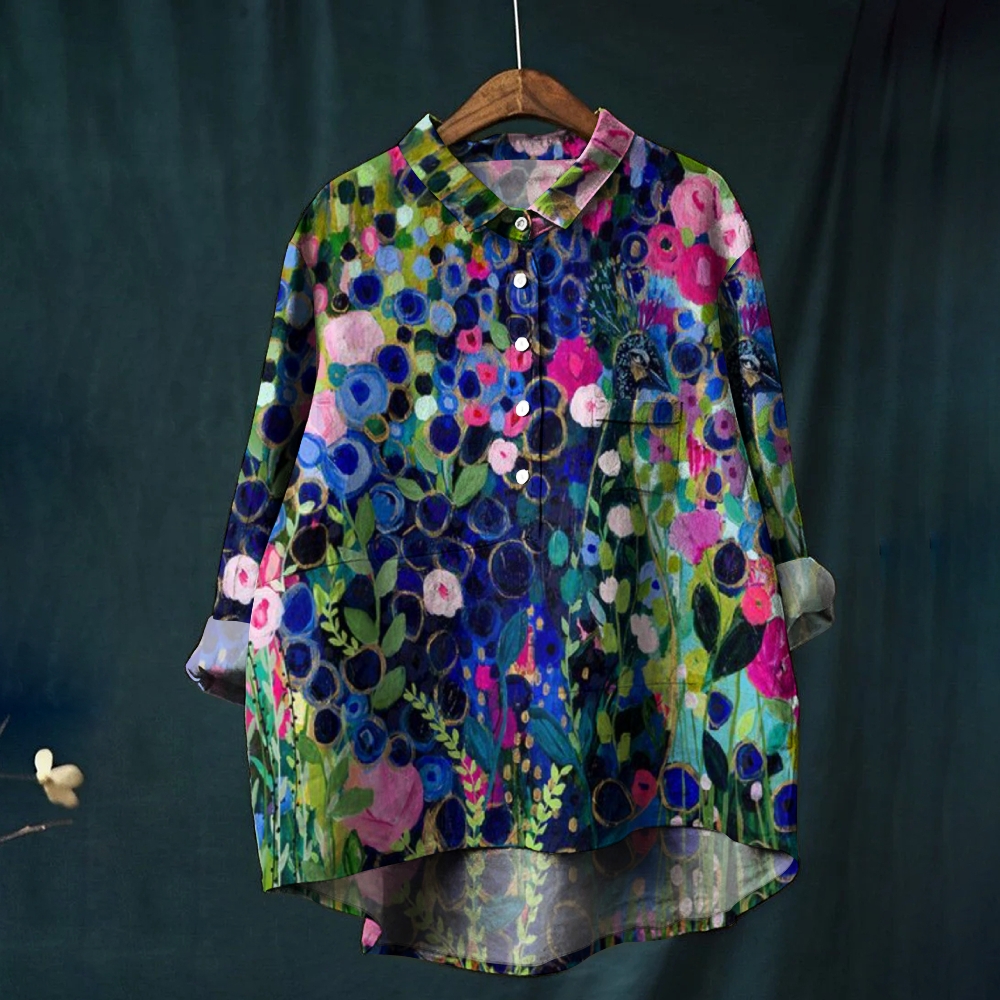 Women's Flowers Print Casual Linen Shirt
