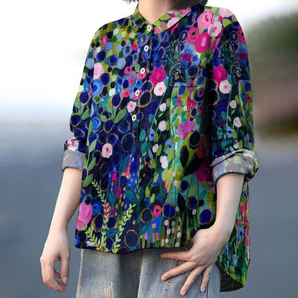 Women's Flowers Print Casual Linen Shirt