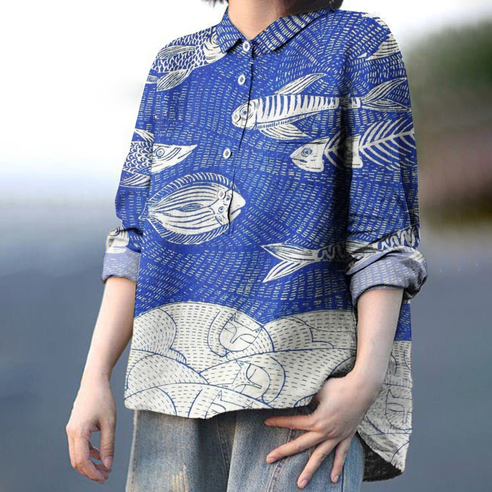 Women's Colorblock Fish Print Casual Linen Shirt