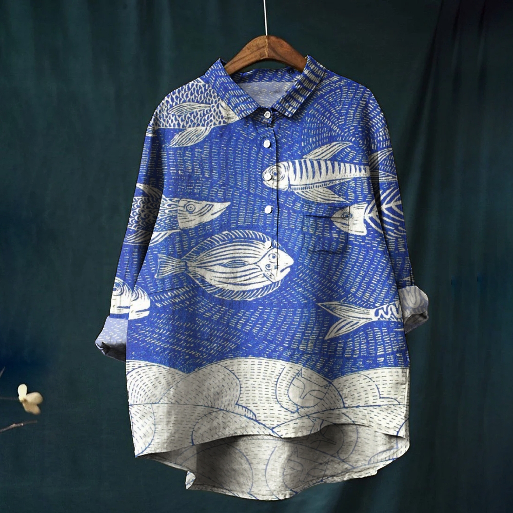 Women's Colorblock Fish Print Casual Linen Shirt