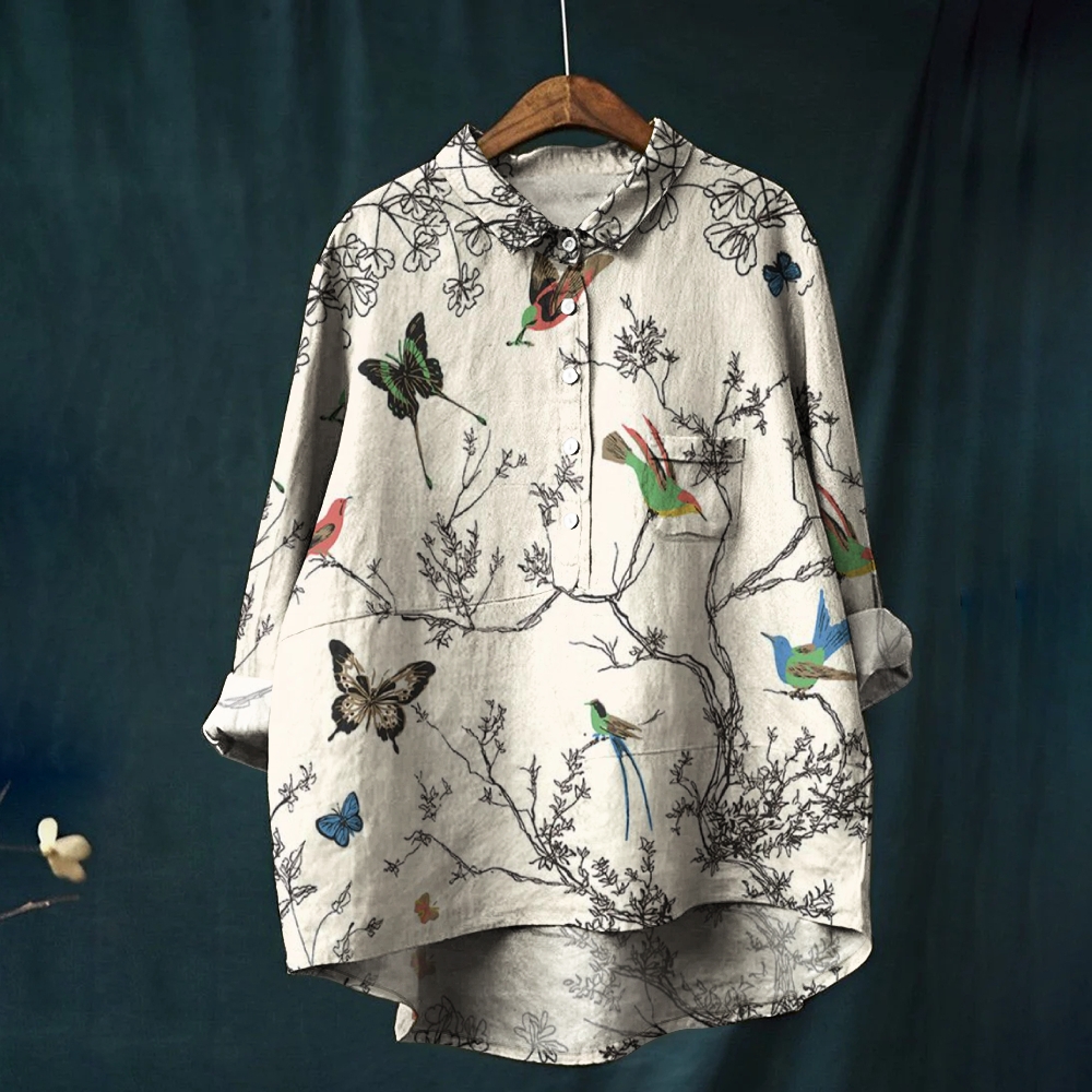 Women's Flowers And Birds Print Casual Linen Shirt