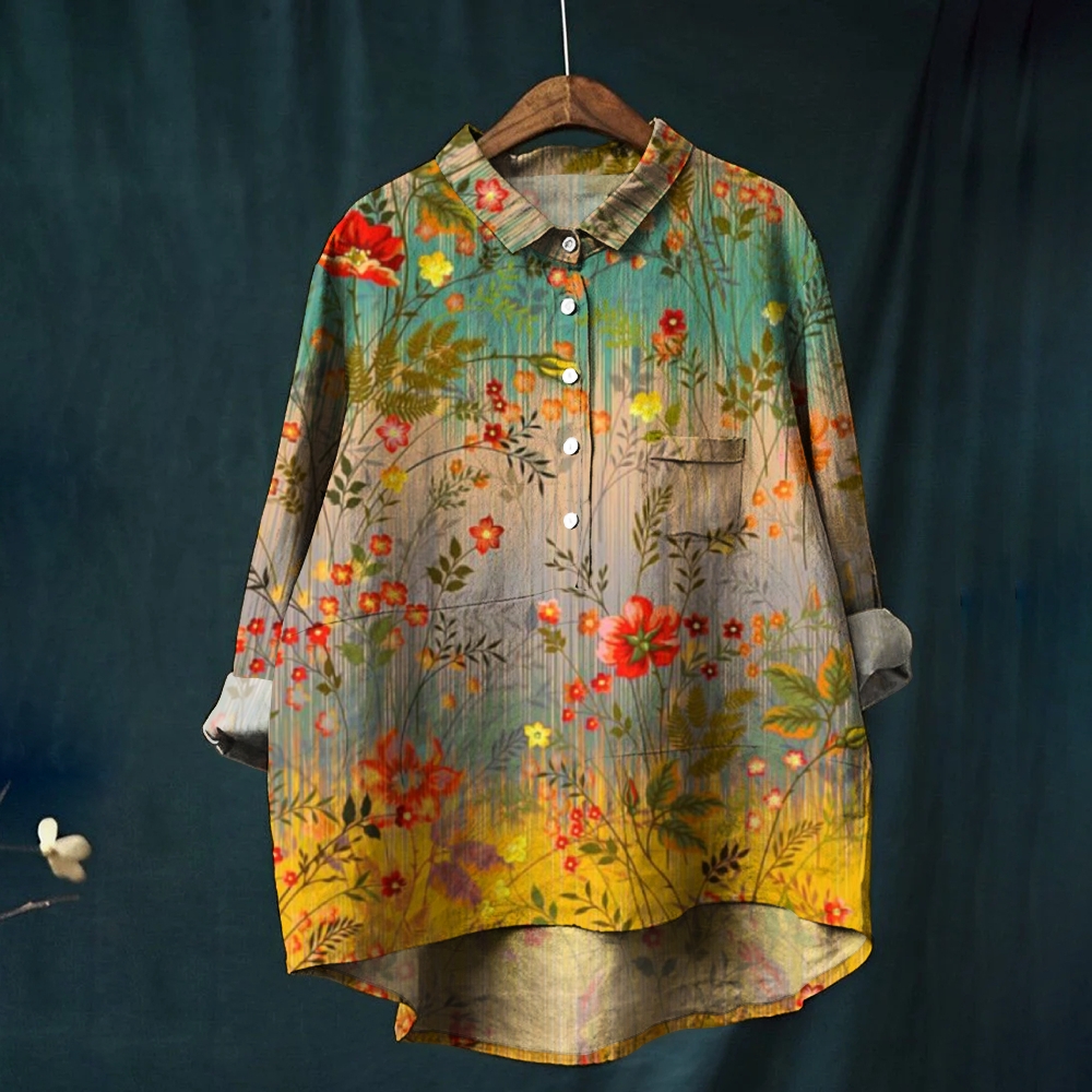 Women's Floral Print Casual Linen Shirt