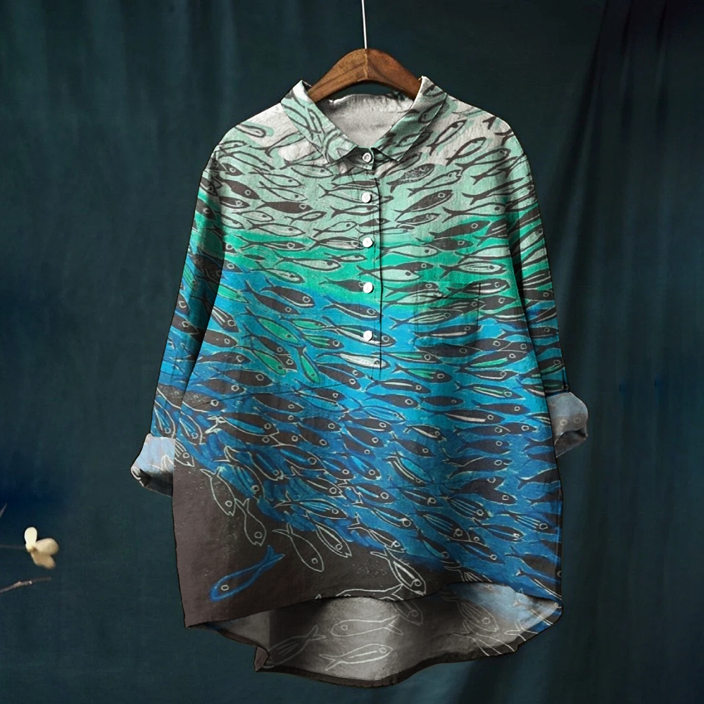 Women's Gradient Color Block Fish Print Casual Linen Shirt