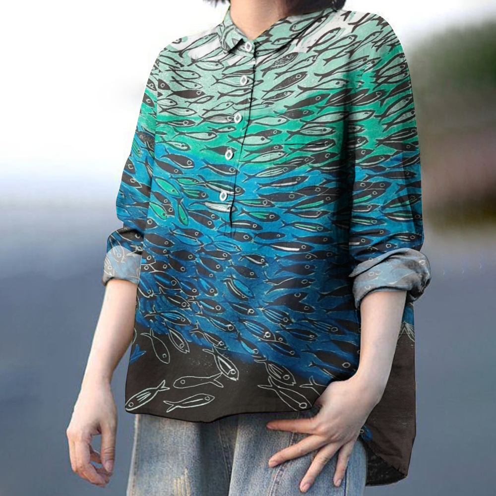 Women's Gradient Color Block Fish Print Casual Linen Shirt