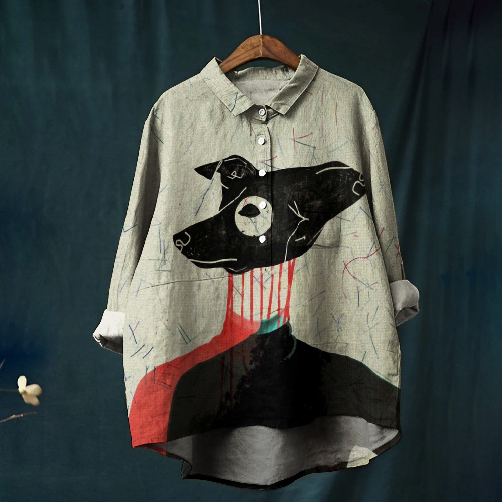 Women's Retro Colorblock Dog Print Casual Cotton And Linen Shirt
