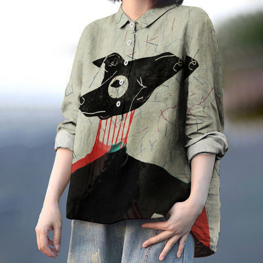 Women's Retro Colorblock Dog Print Casual Cotton And Linen Shirt