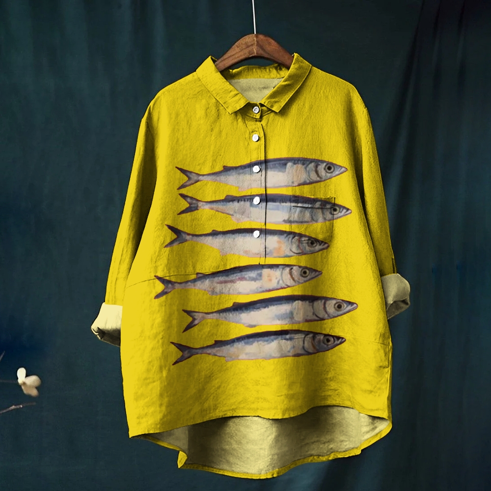 Women's Sardine Print Casual Cotton And Linen Shirt