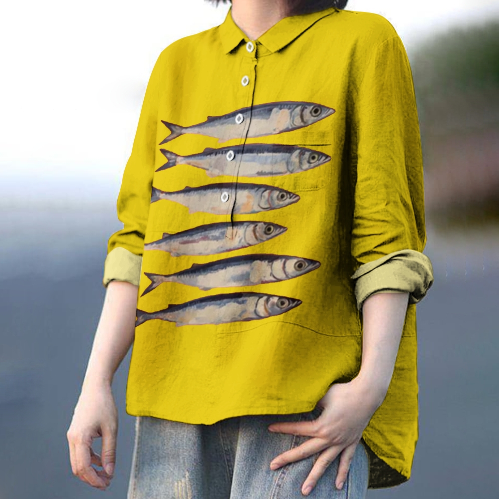 Women's Sardine Print Casual Cotton And Linen Shirt
