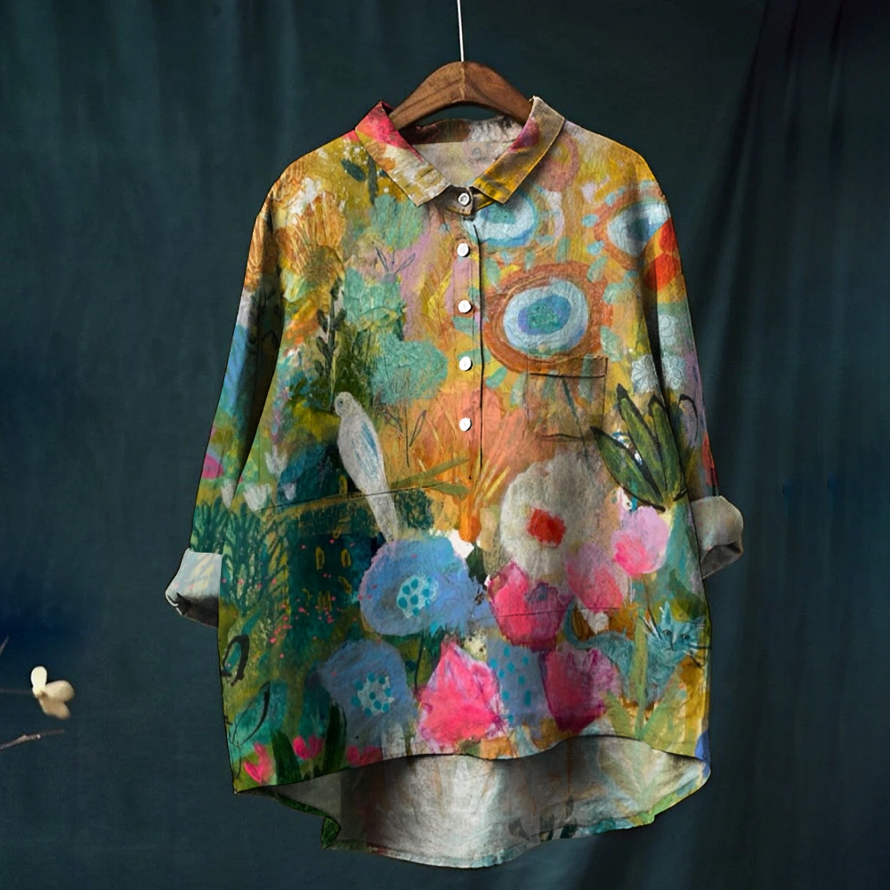 Women's Colorful Flower Print Casual Cotton And Linen Shirt