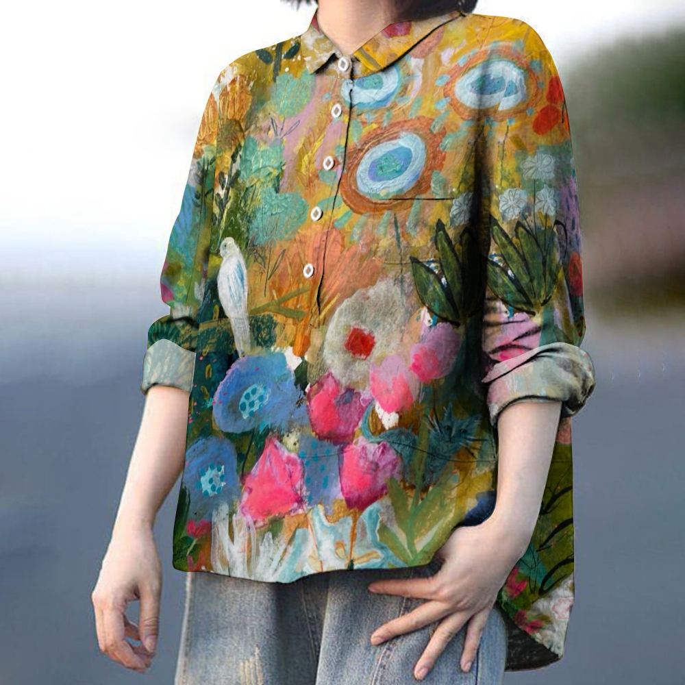 Women's Colorful Flower Print Casual Cotton And Linen Shirt