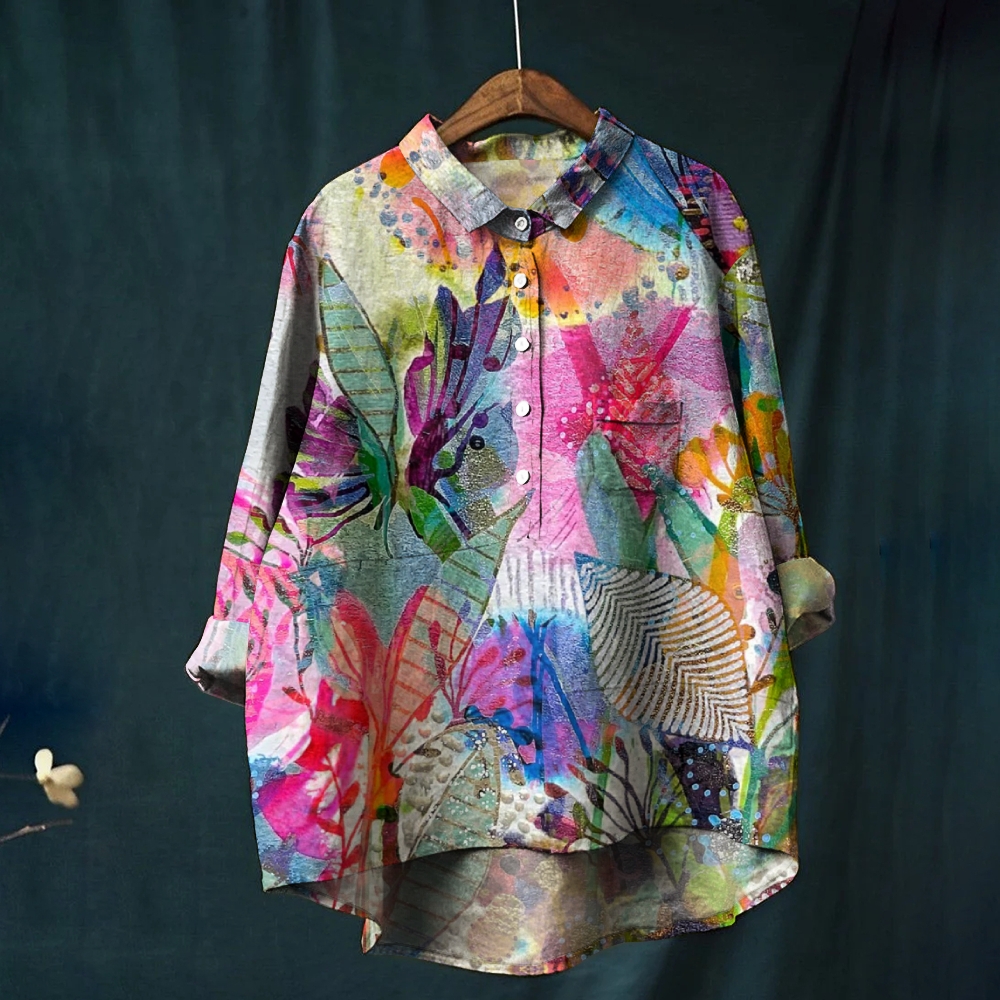 Women's Multicolor Floral Art Print Casual Cotton And Linen Shirt