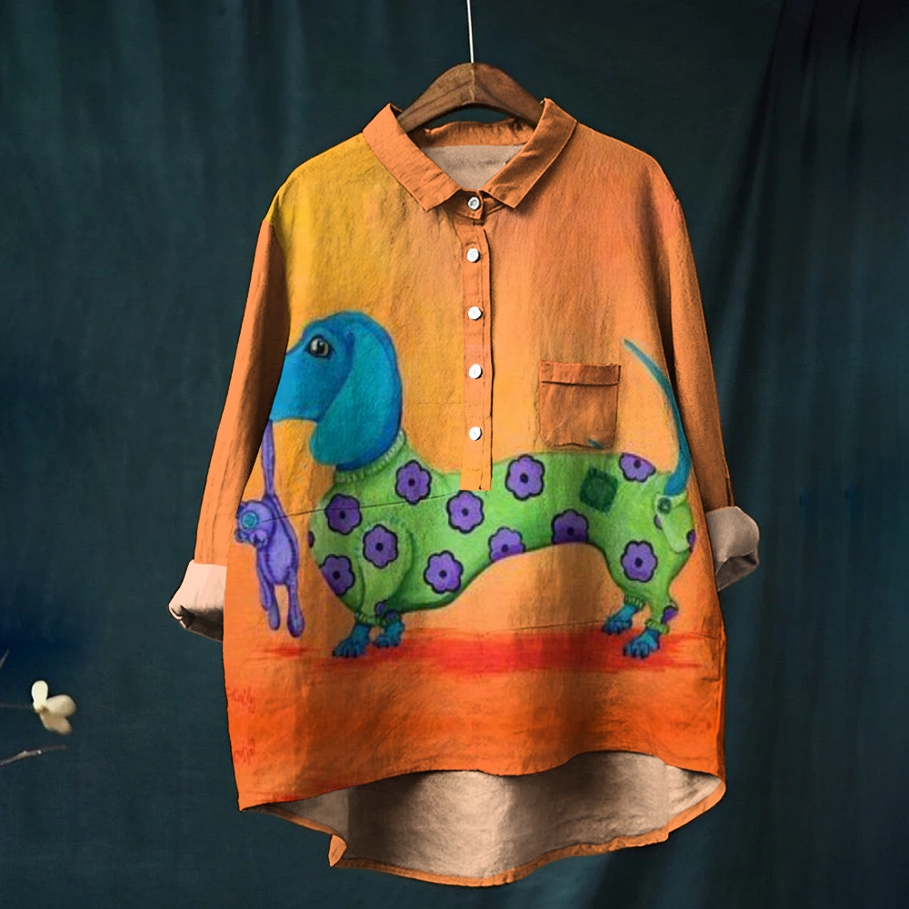 Women's Funny Dog Dachshund Print Casual Cotton And Linen Shirt