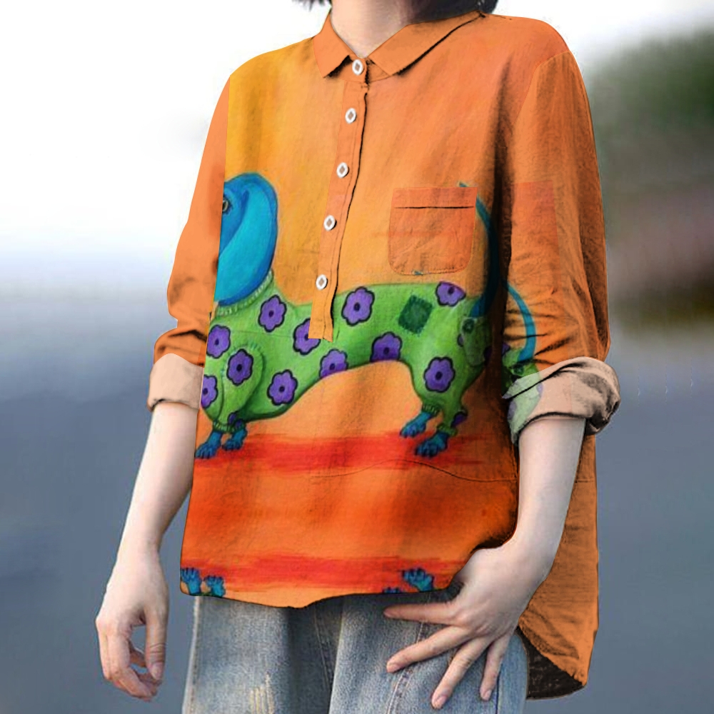 Women's Funny Dog Dachshund Print Casual Cotton And Linen Shirt
