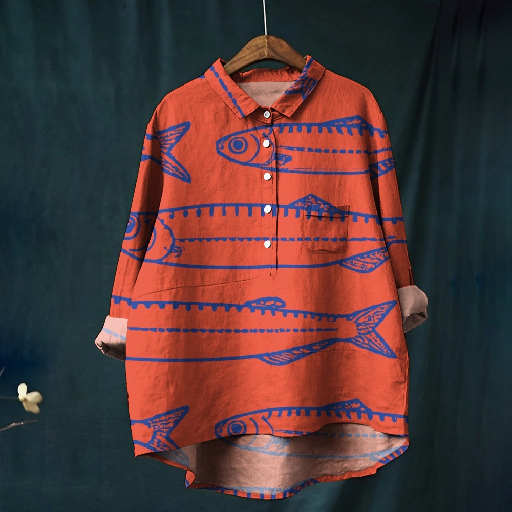 Women's Fish Art Print Casual Cotton And Linen Shirt