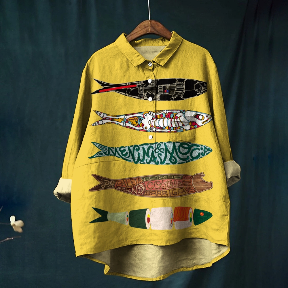 Women's Colorful Art Fish Print Casual Cotton And Linen Shirt