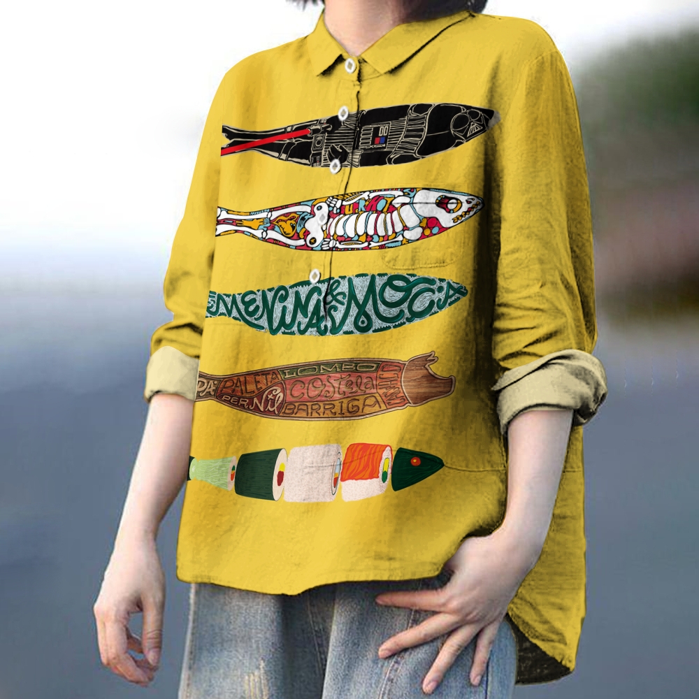 Women's Colorful Art Fish Print Casual Cotton And Linen Shirt