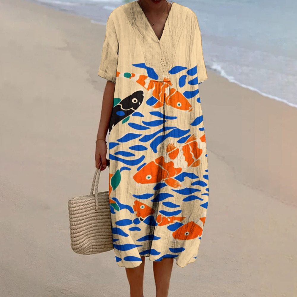 Women's Vintage Lovely Fish Art Print Linen Dress