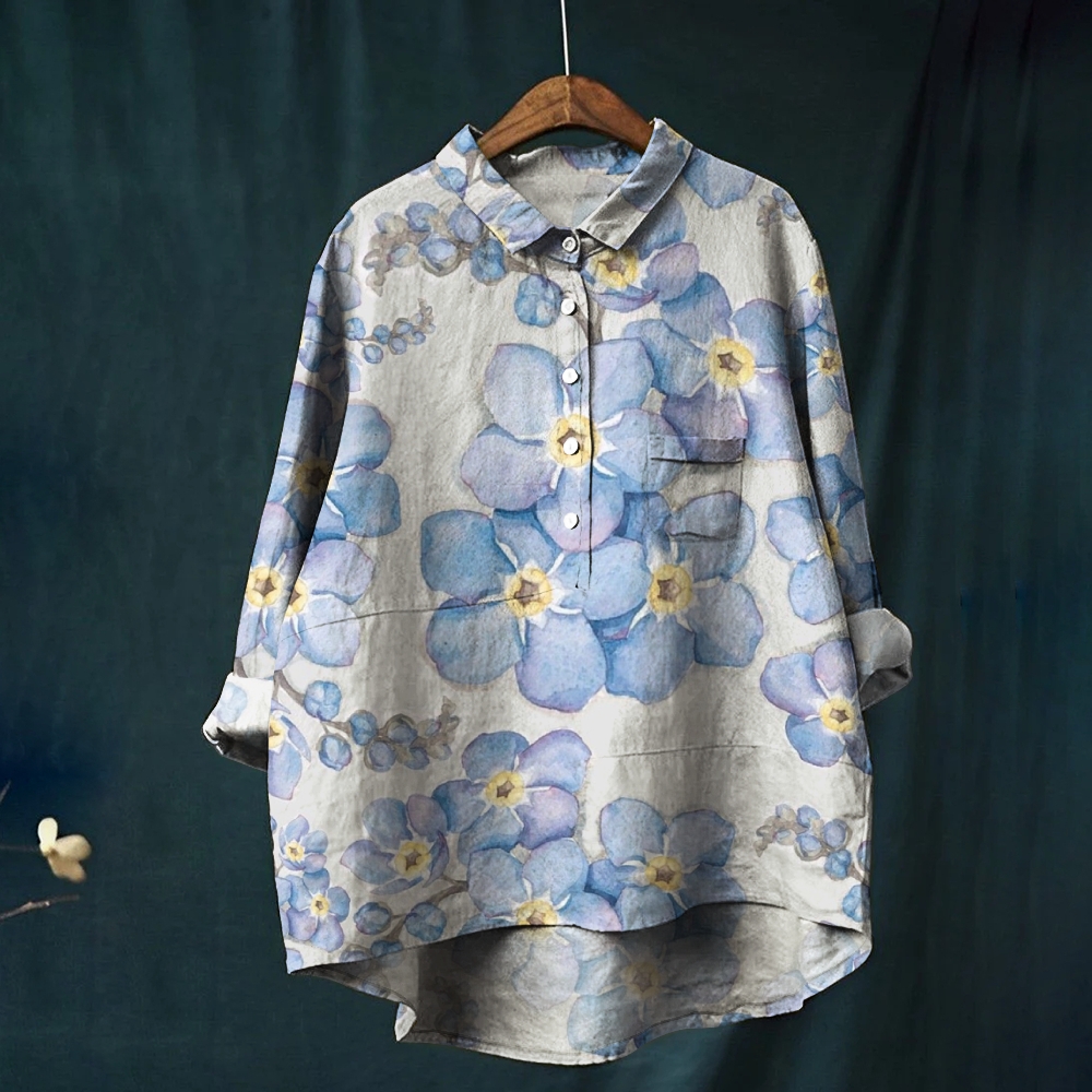 Women's Vintage Floral Pattern Art Print Casual Cotton And Linen Shirt