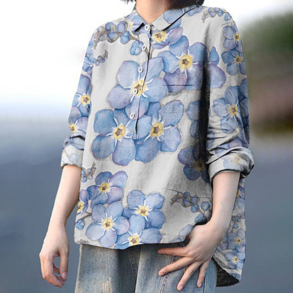 Women's Vintage Floral Pattern Art Print Casual Cotton And Linen Shirt