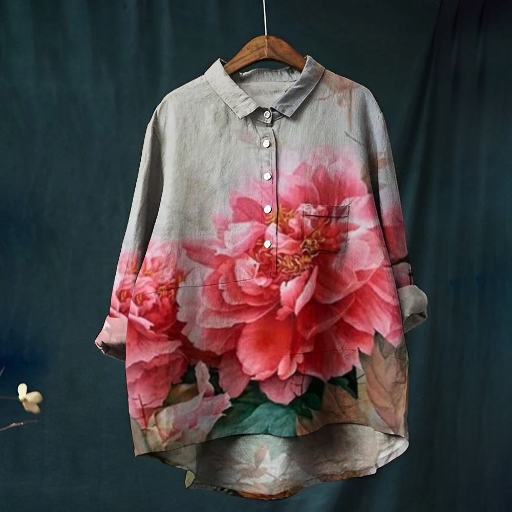 Women's Retro Chic Floral Print Casual Cotton and Linen Shirt