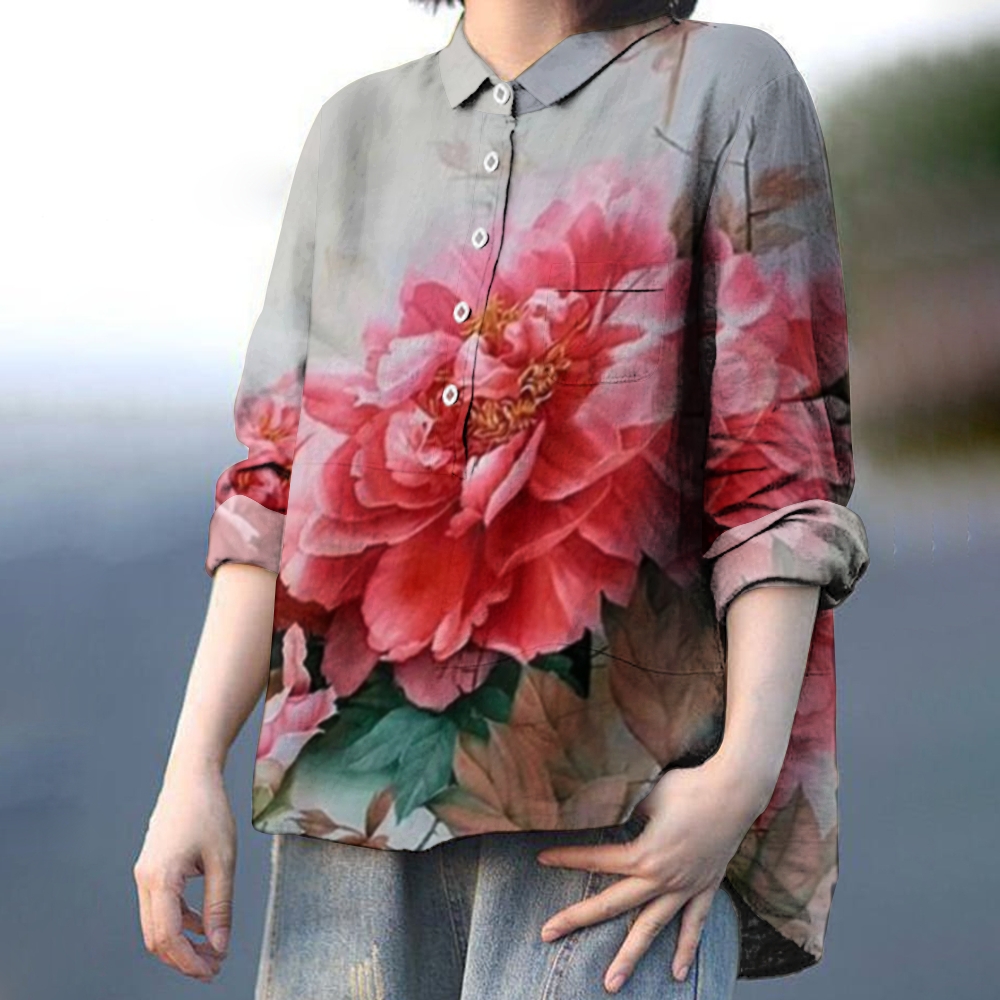 Women's Retro Chic Floral Print Casual Cotton and Linen Shirt