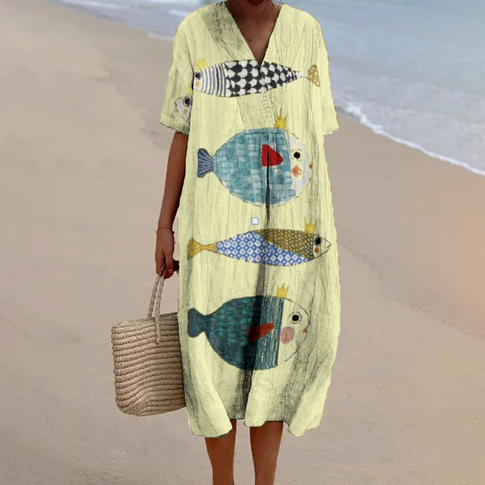Women's Vintage Cute Fish Art Print Linen Dress