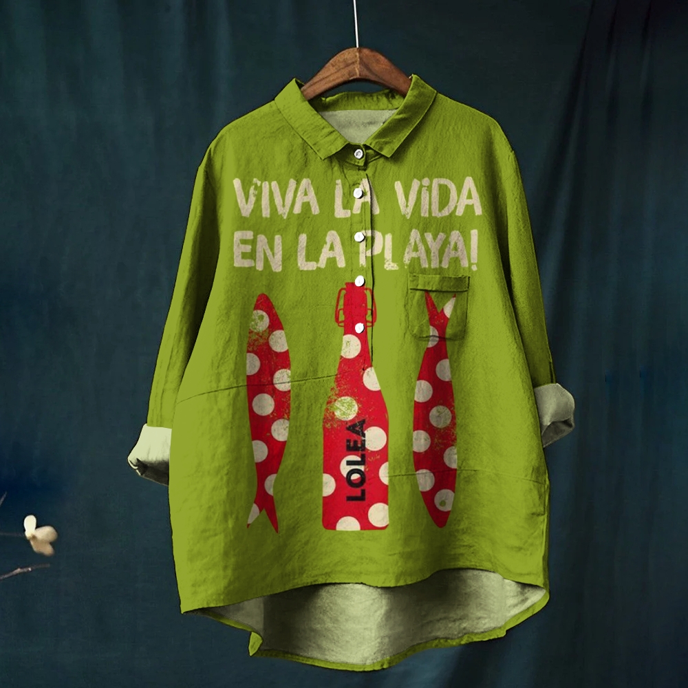 Women's Vintage Sardines Print Casual Cotton And Linen Shirt