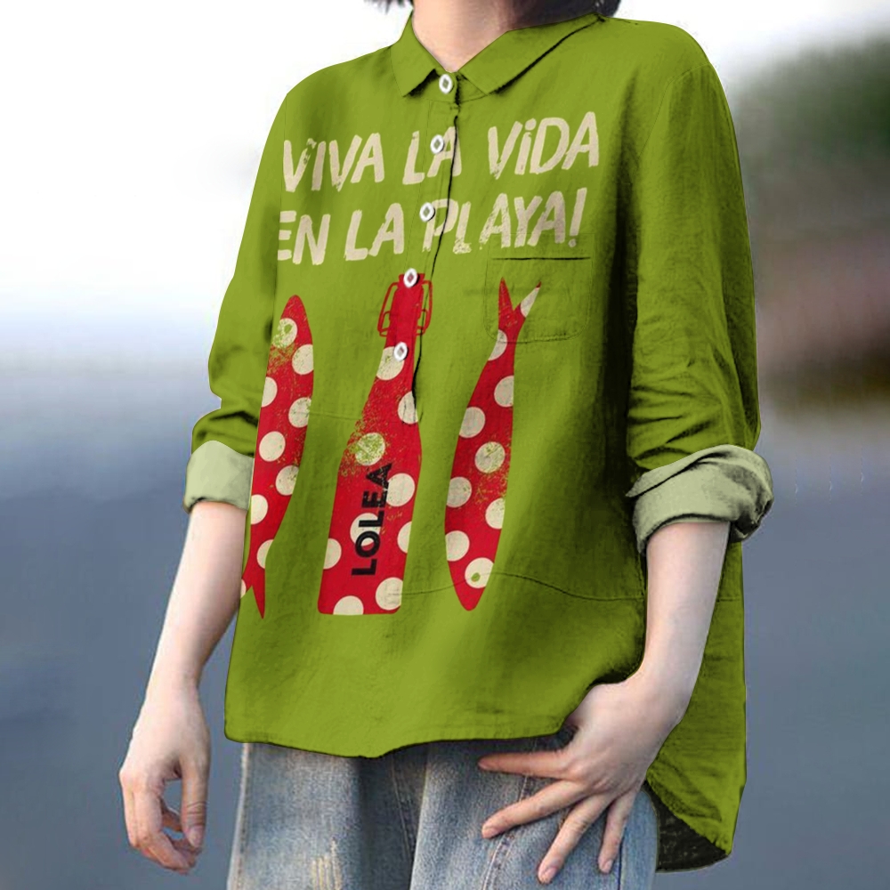 Women's Vintage Sardines Print Casual Cotton And Linen Shirt