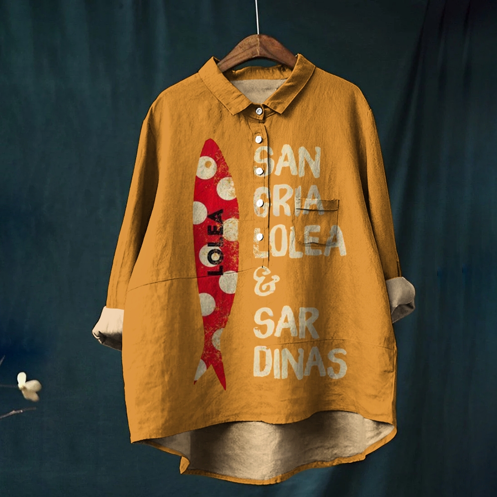 Women's Vintage Sardines Print Casual Cotton And Linen Shirt
