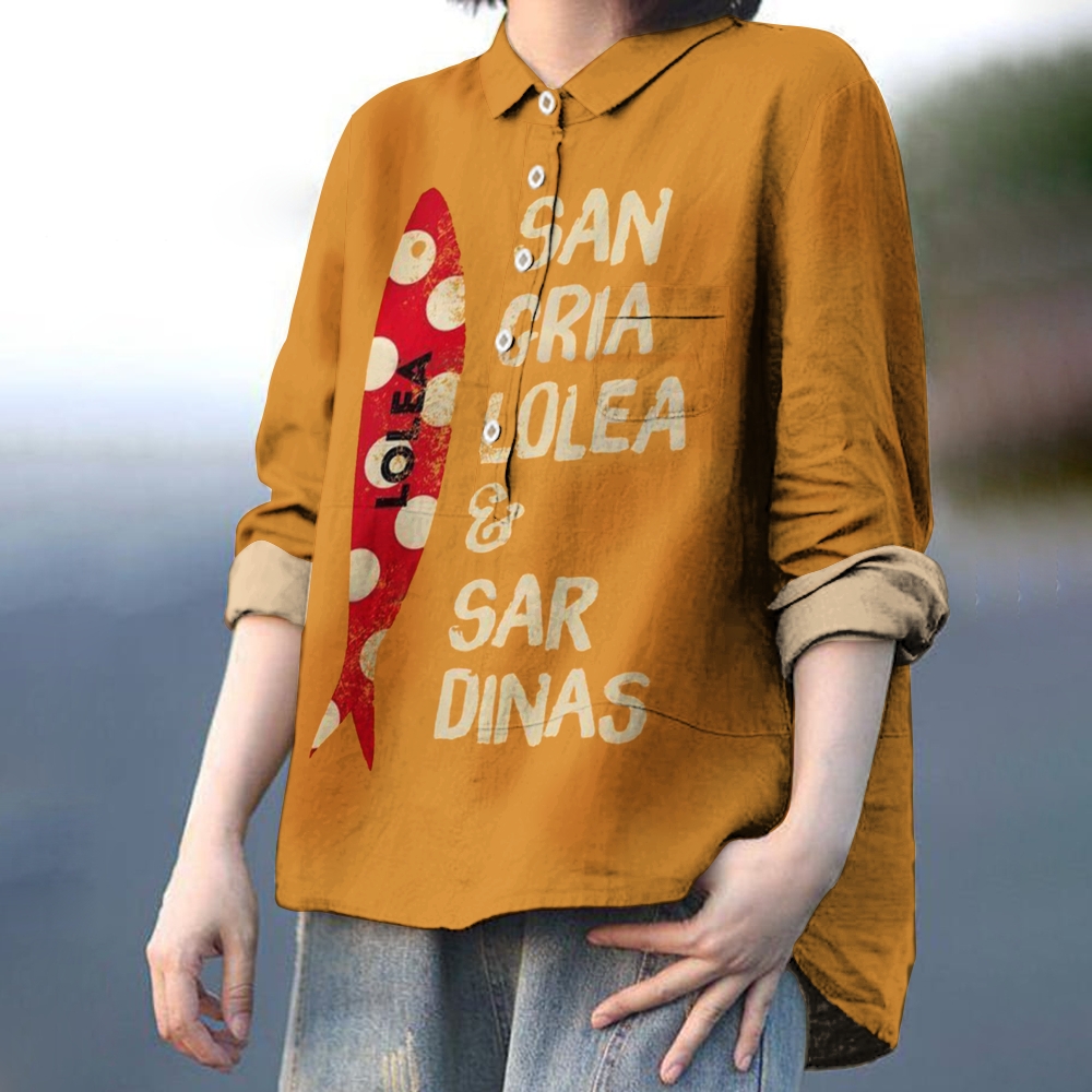 Women's Vintage Sardines Print Casual Cotton And Linen Shirt