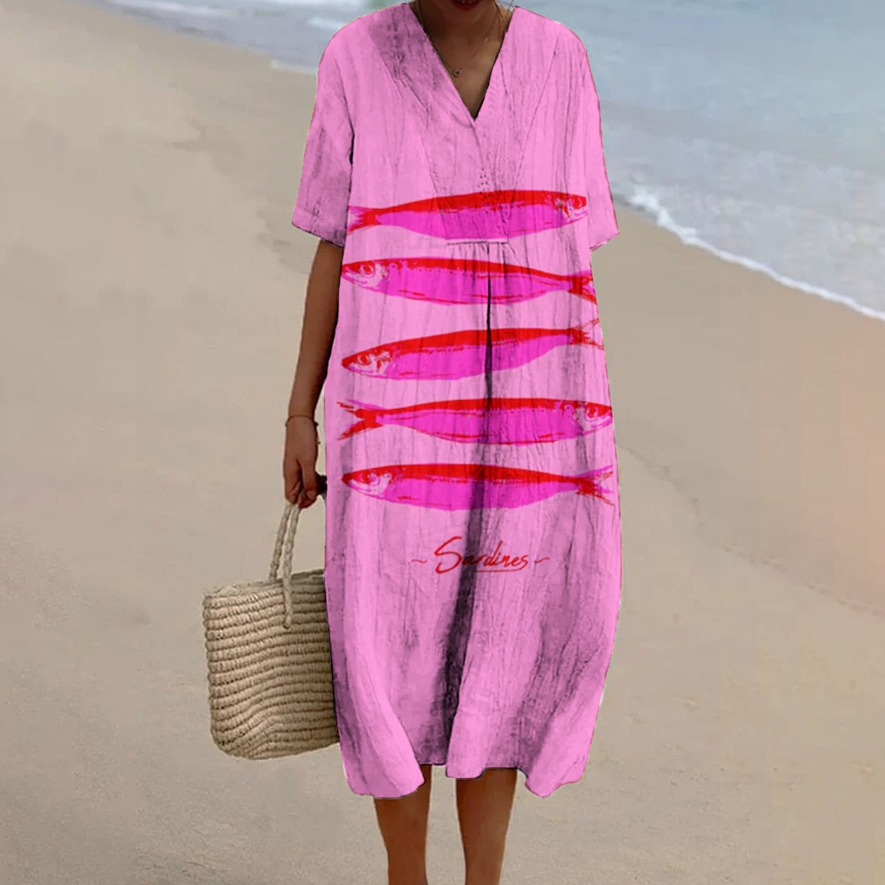 Women's Sardine Print Flowy Linen Dress