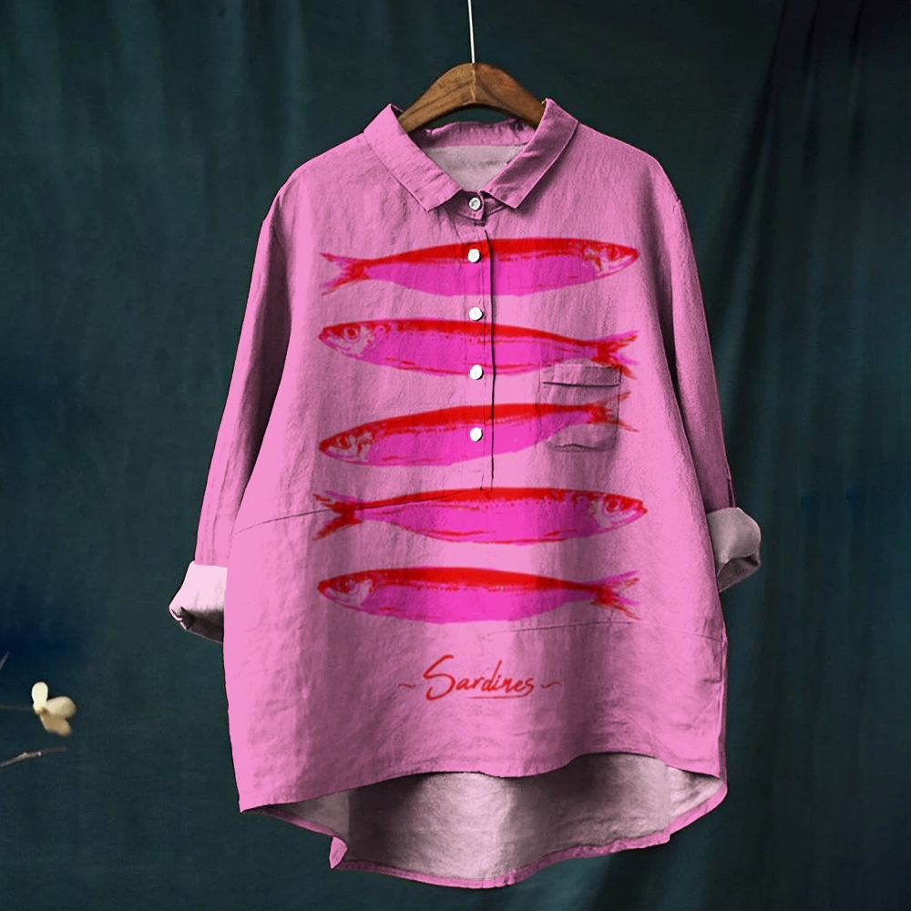 Women's Sardine Print Casual Cotton And Linen Shirt