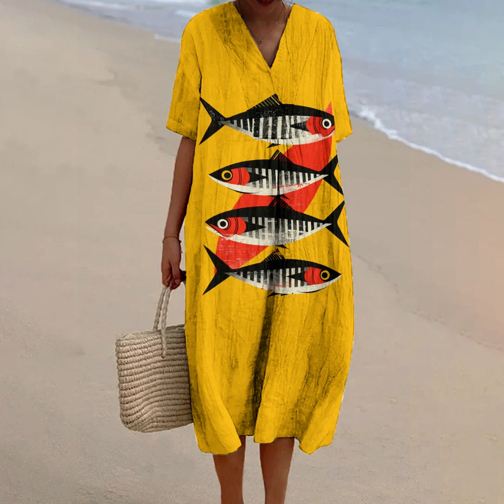 Women's Art Fish Print Flowy Linen Dress