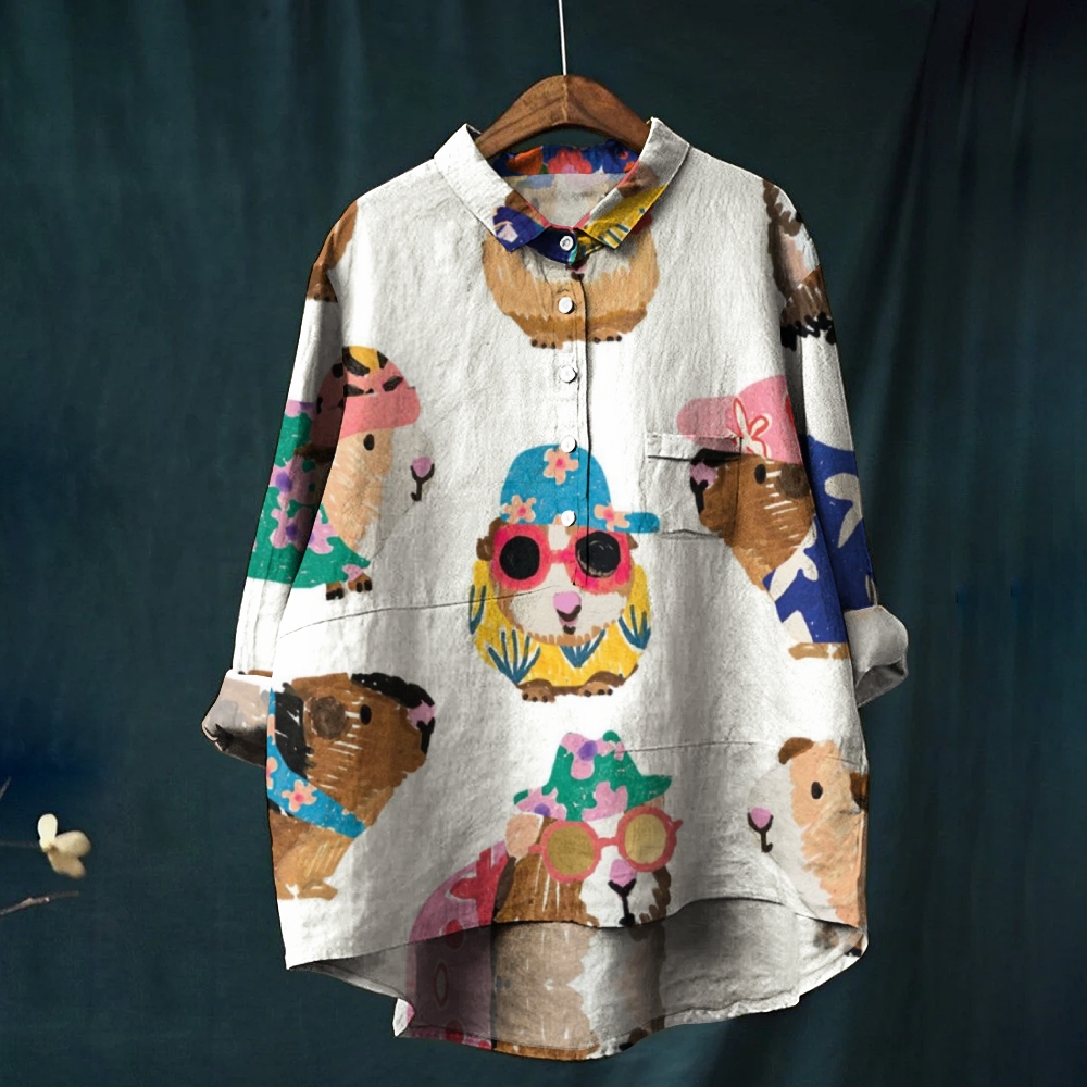Women's Cartoon Hamster Print Casual Cotton And Linen Shirt