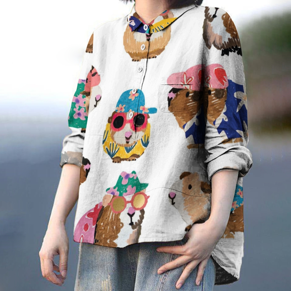 Women's Cartoon Hamster Print Casual Cotton And Linen Shirt