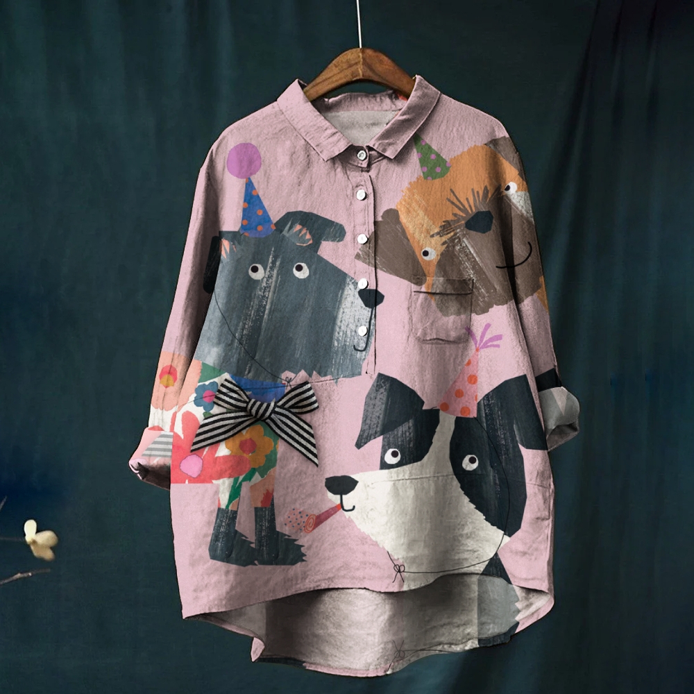 Women's Cartoon Dog Print Casual Cotton And Linen Shirt