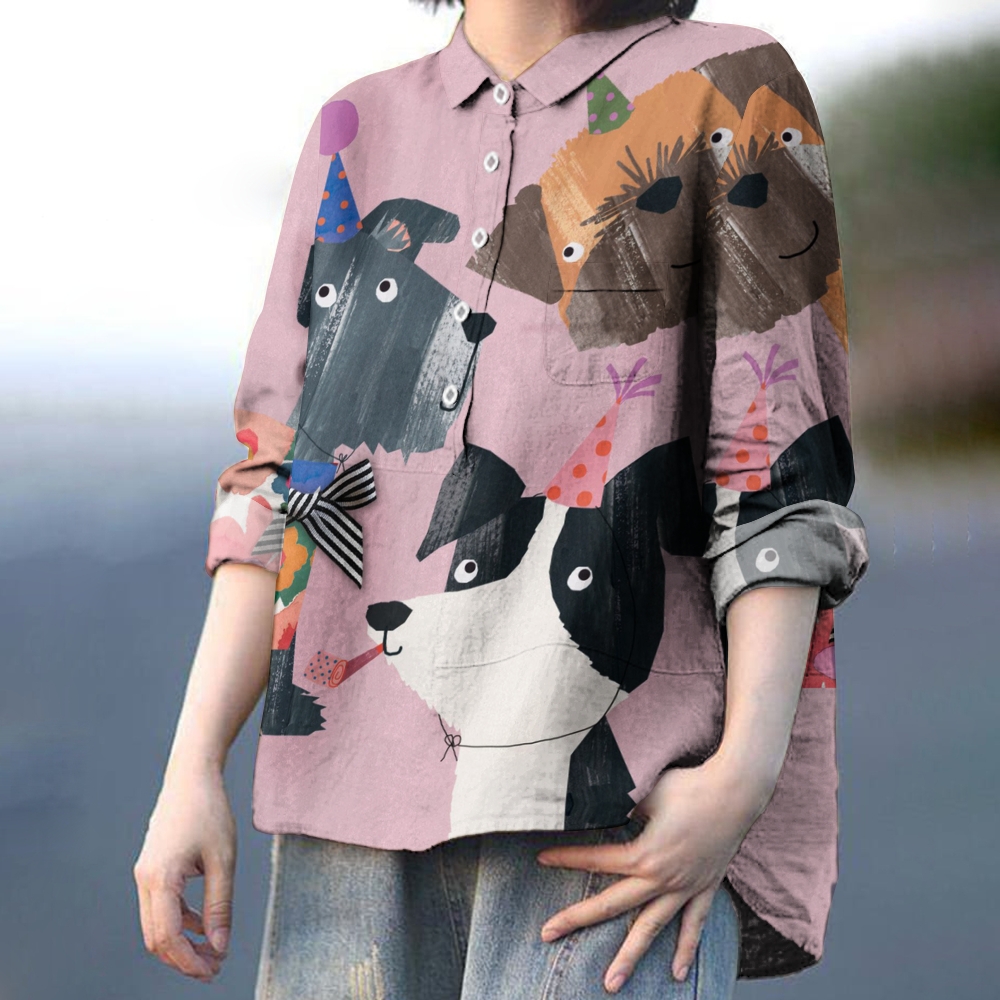 Women's Cartoon Dog Print Casual Cotton And Linen Shirt