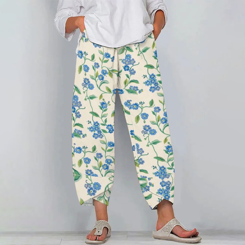 Women's Casual Flower Printed Cotton And Linen Pants