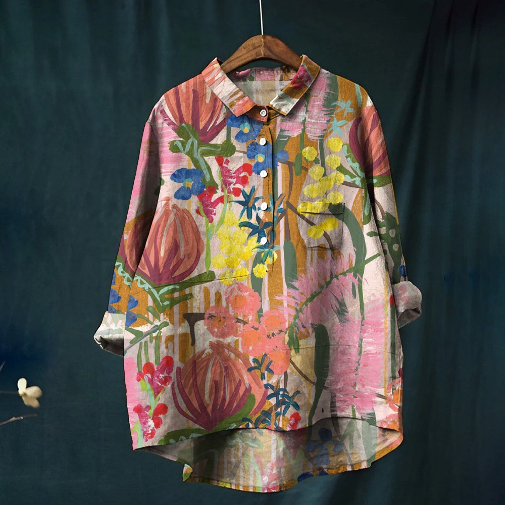 Women's Flower Art Print Casual Cotton And Linen Shirt