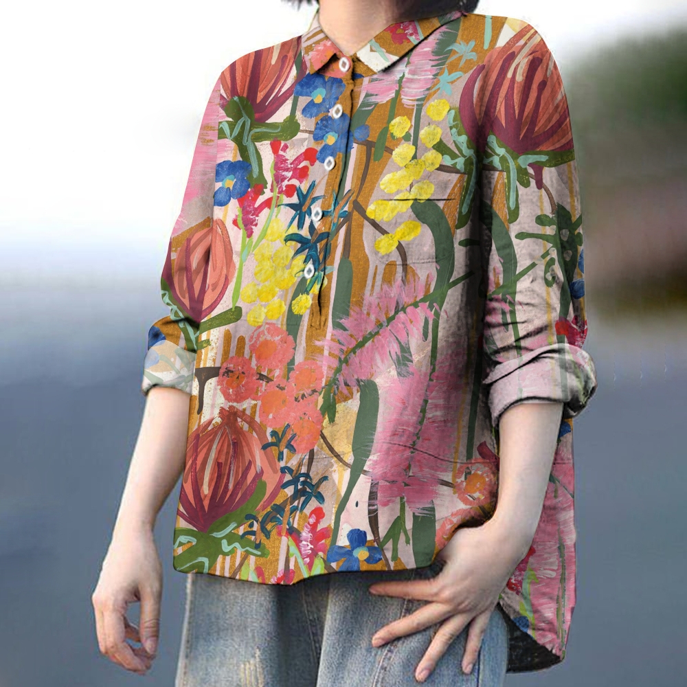 Women's Flower Art Print Casual Cotton And Linen Shirt