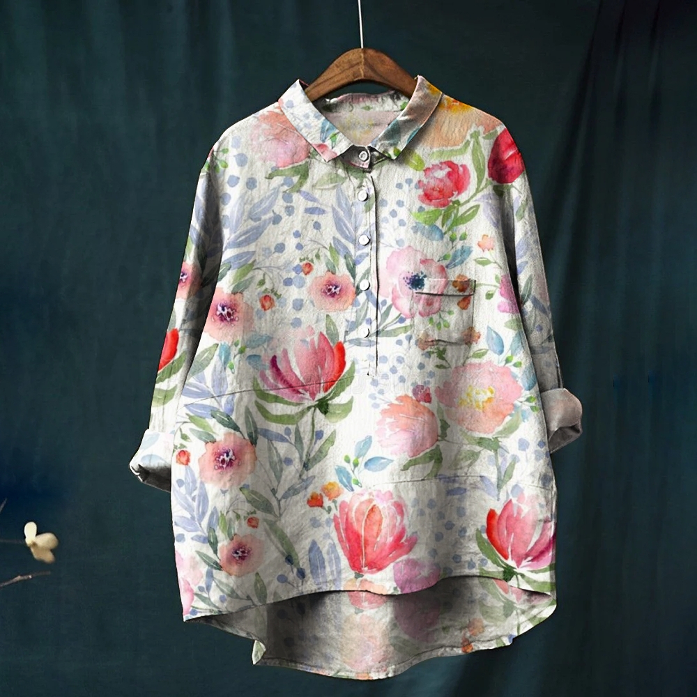 Women's Flowers Print Casual Cotton And Linen Shirt