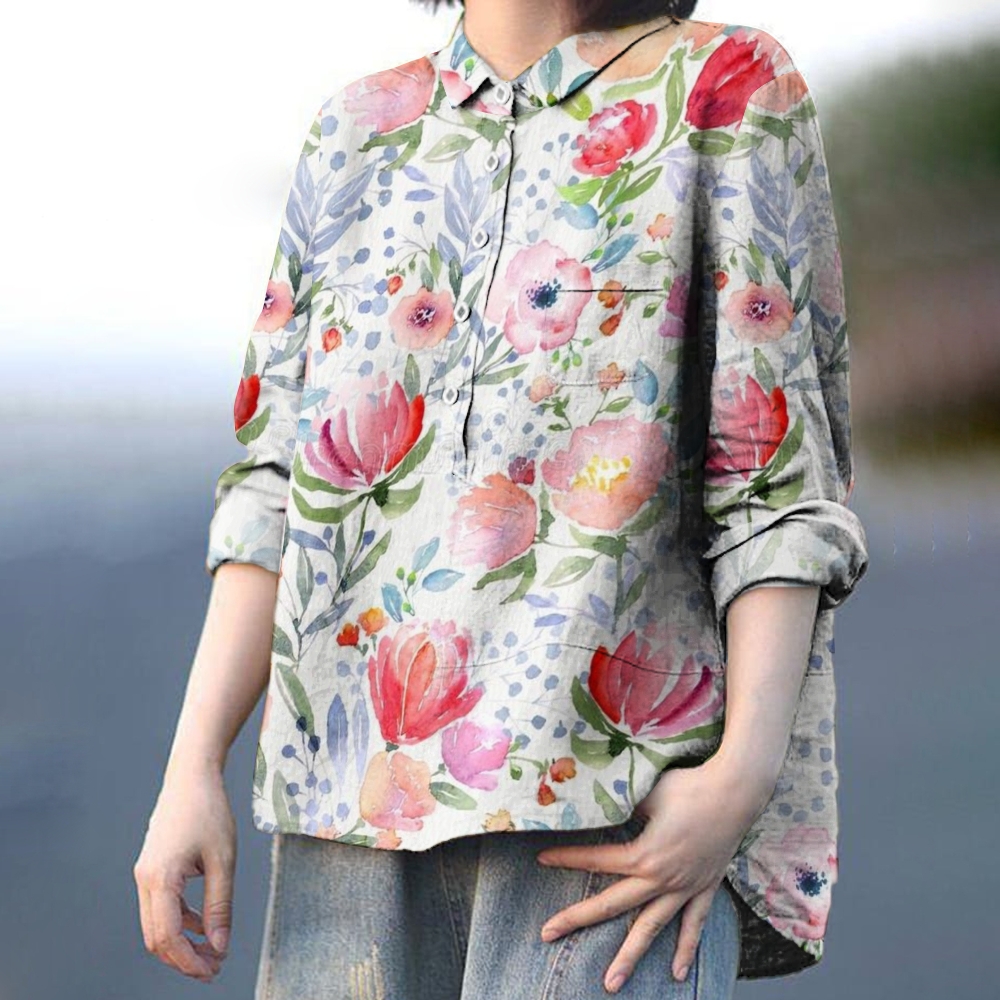Women's Flowers Print Casual Cotton And Linen Shirt