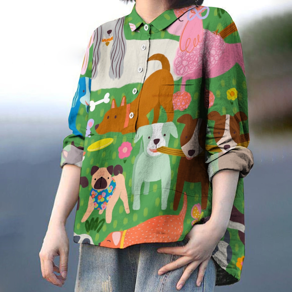 Women's Cartoon Dog Print Casual Cotton And Linen Shirt