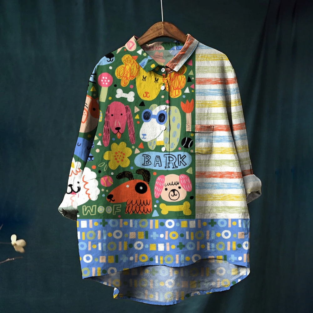 Women's Dog Colorblock Print Casual Cotton And Linen Shirt