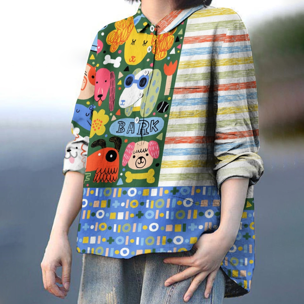 Women's Dog Colorblock Print Casual Cotton And Linen Shirt
