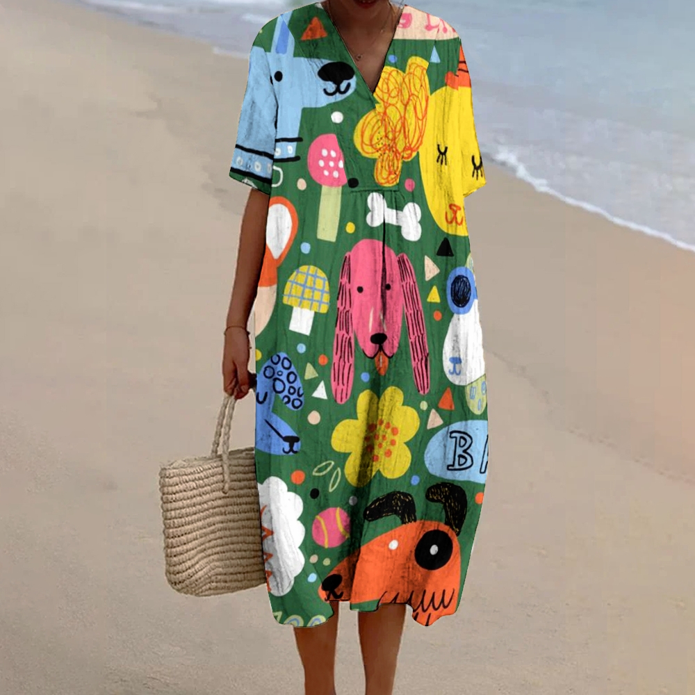Women's Green Cartoon Dog Print Flowy Linen Dress