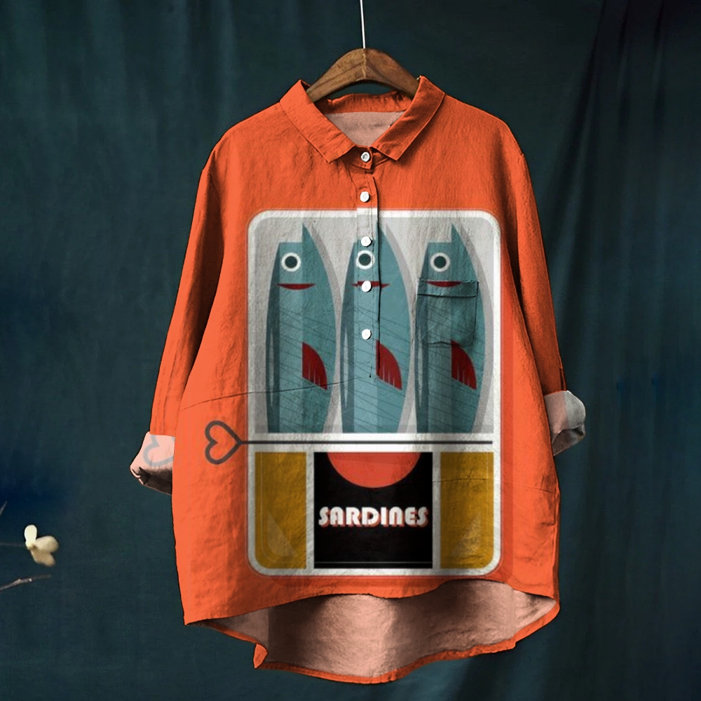 Women's Art Fish Print Casual Cotton And Linen Shirt