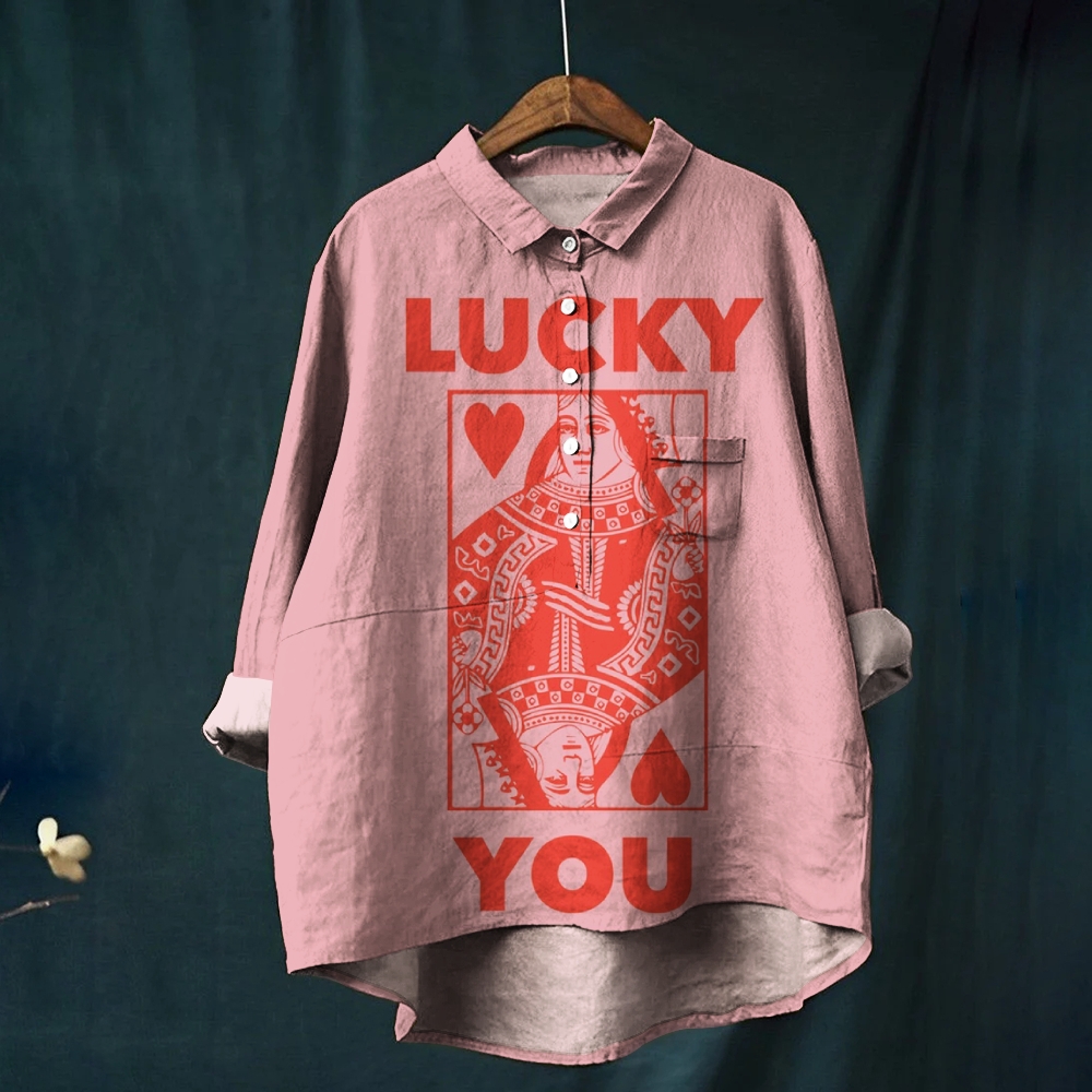 Women's Lucky You Print Casual Cotton And Linen Shirt